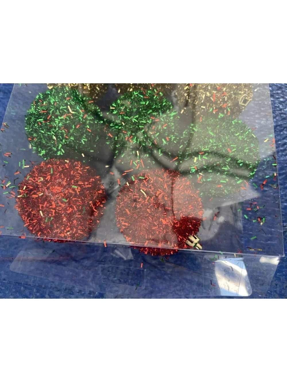 8pc Round Glitter Ornaments Green Red Gold